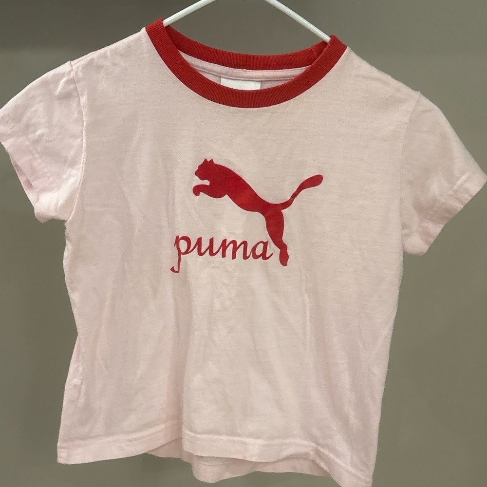 Vintage Puma Baby Tee Light Pink Red Ringer Logo Crop Top Y2K Women’s Small